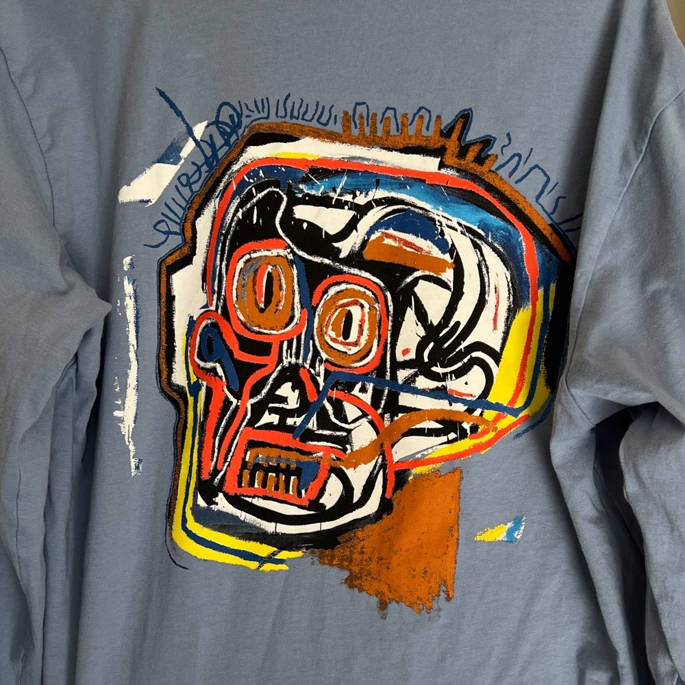 100% Cotton Basquiat  Large Large Long Sleeve T-Shirt Blue Untitled Skull Art